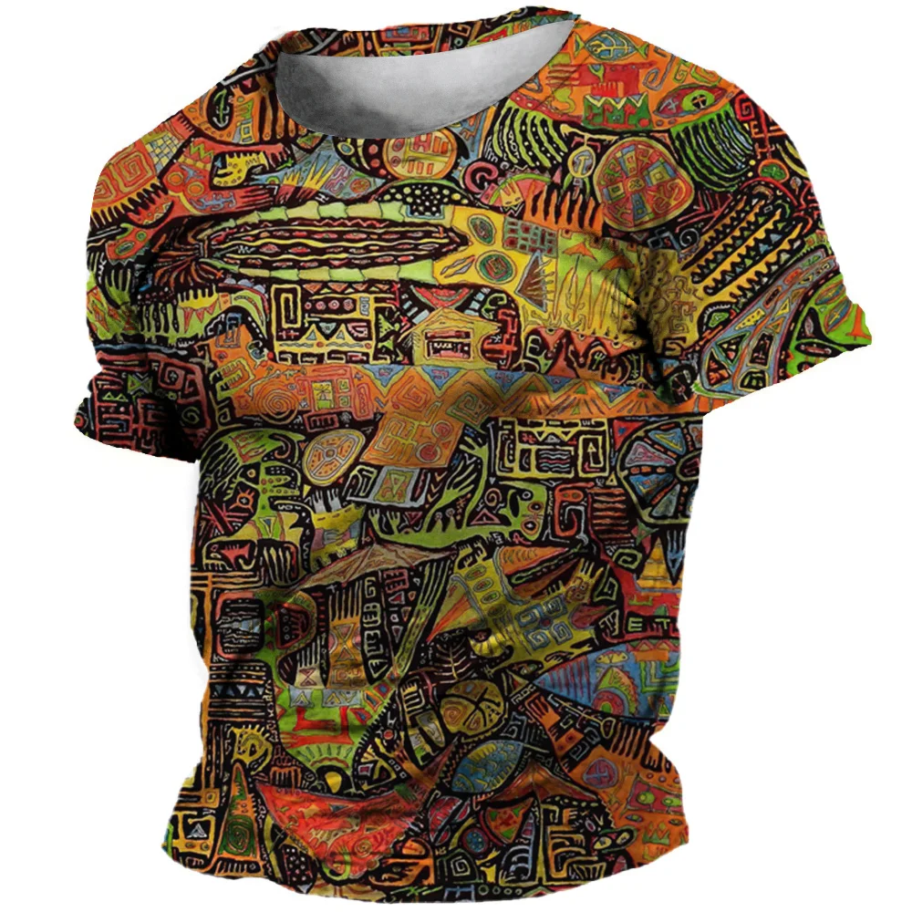 Men\'s Vintage Graffiti Print T-shirt 3D Tribal Pattern T-shirt Street Color O-Neck Tops Fashion Short Sleeve Plus Size T-shirts