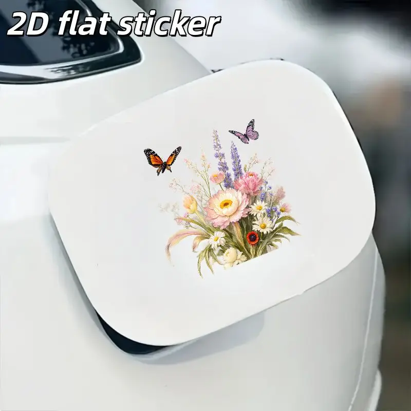 1Pc 2D Flat Colorful Flower Bouquet & Butterflies Vinyl Sticker, Waterproof Durable Decal for Car Window, Body & Skateboard