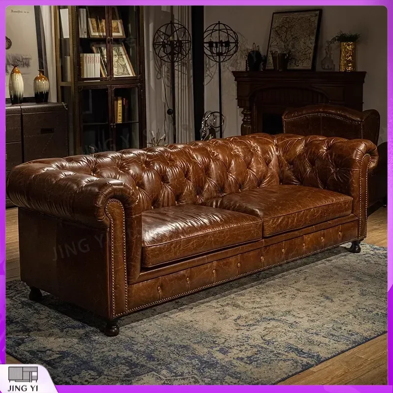 Chesterfield Leather Sofa Living Room Retro Pull Button Oil Wax Cowhide Sofa Vintage American Style Sectional Couch for Home
