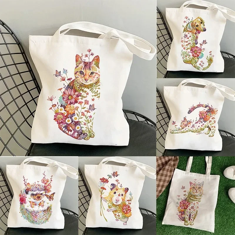 Female Shopping Bags Girl Student School Bags Flower Cat Canvas Bag Women Fashion Shoulder Totebag