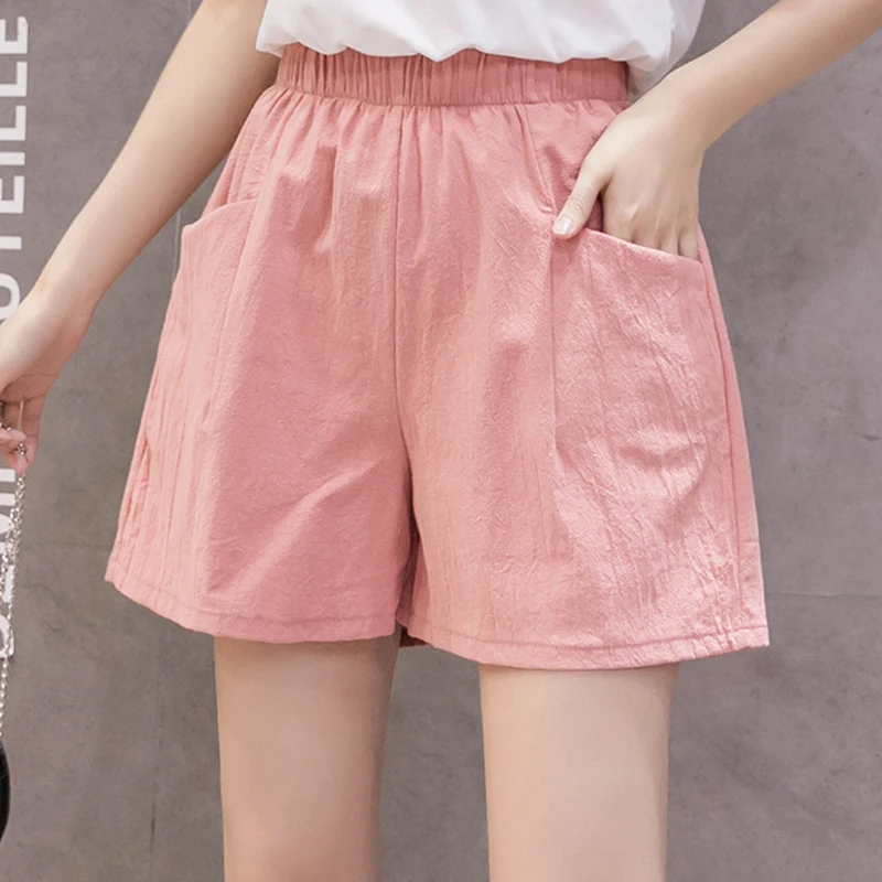 Casual High Waist Cotton Linen Shorts for Women 2026 Summer Elastic Waisted Wide Leg Shorts Woman All Match Solid Short Pants