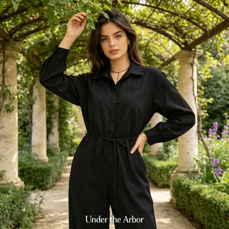 Autumn Women's Elegant Solid Color Wide Leg Jumpsuit Suitable for Business Leisure and Travel