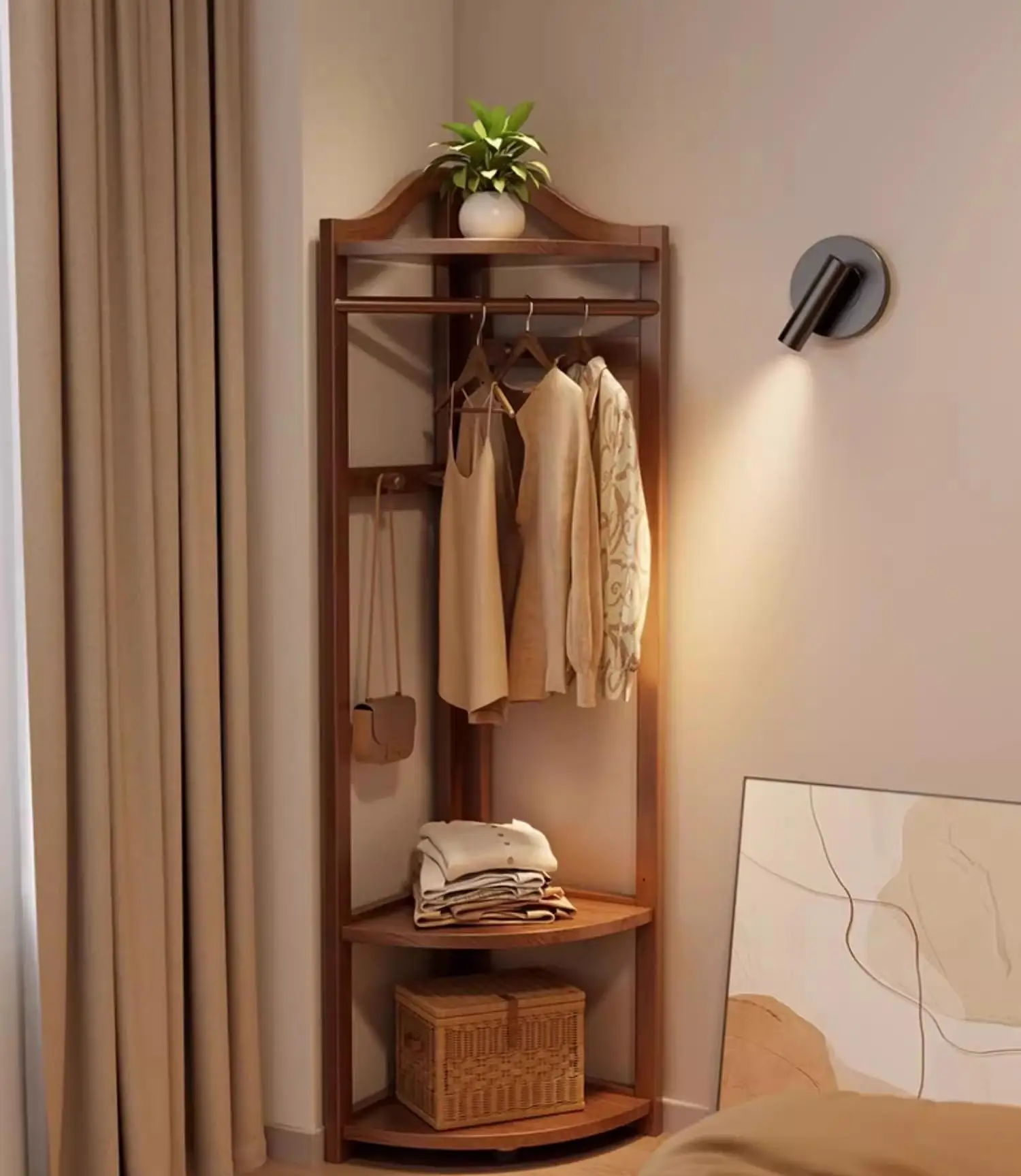 Moderner Eck-Kleiderständer für das Wohnzimmer mit 3 Ablagen und 3 Haken, einfache Aufbewahrung, Kleiderständer für den Haushalt
