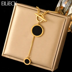 EILIECK 316L Stainless Steel Round Black Long Pendant Necklace For Women Fashion Waterproof Neck Chain Jewelry Gift Bijoux
