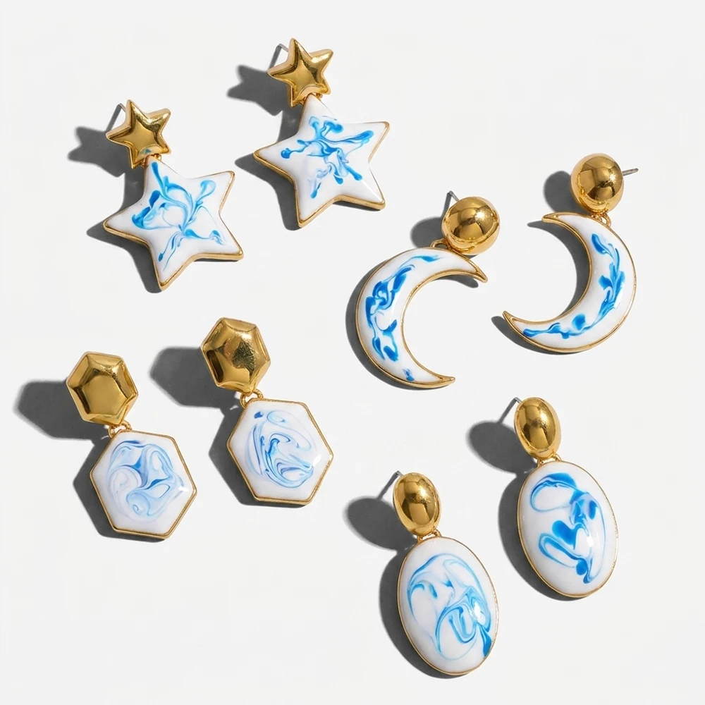 Modische Emaille-Ohrhänger für Damen 18K Goldfarben Geometrische Sechseck-Stern-Mond-Oval-Ohrringe Trendiger Modeschmuck