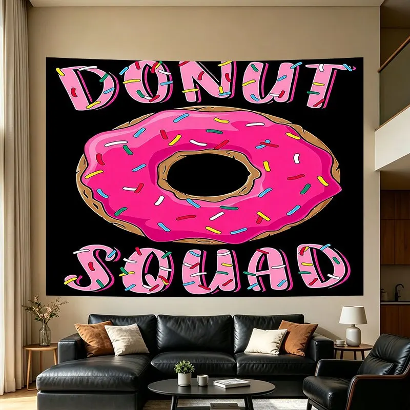 Funny Donut Squad Typography Wall Art Tapestry Black Background Kitchen Decor Gift for Friends Family