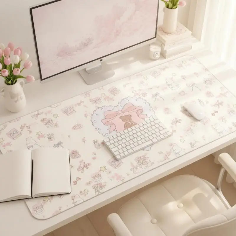 Extra Large Kawaii Desk Mouse Pad Cute Bear Cherry Print Non Slip Waterproof For Home Office Study Gaming