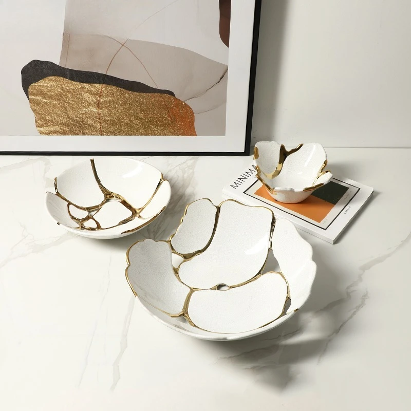 Modern light luxury creative crack glaze line ceramic fruit pot exhibition hall villa coffee table dining table storage plate