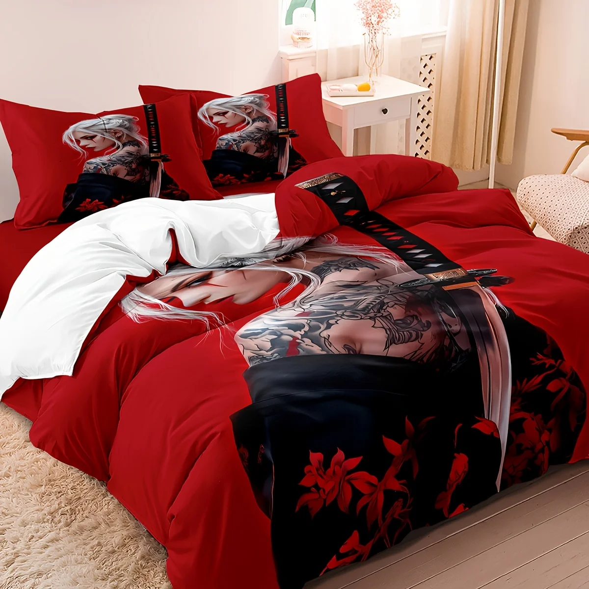

3pcs Samurai Beauty Duvet Cover Set, 1*Duvet Cover, 2*Pillowcases Core Not Included, Samurai Beauty 3D Digital Print Bedding Kit