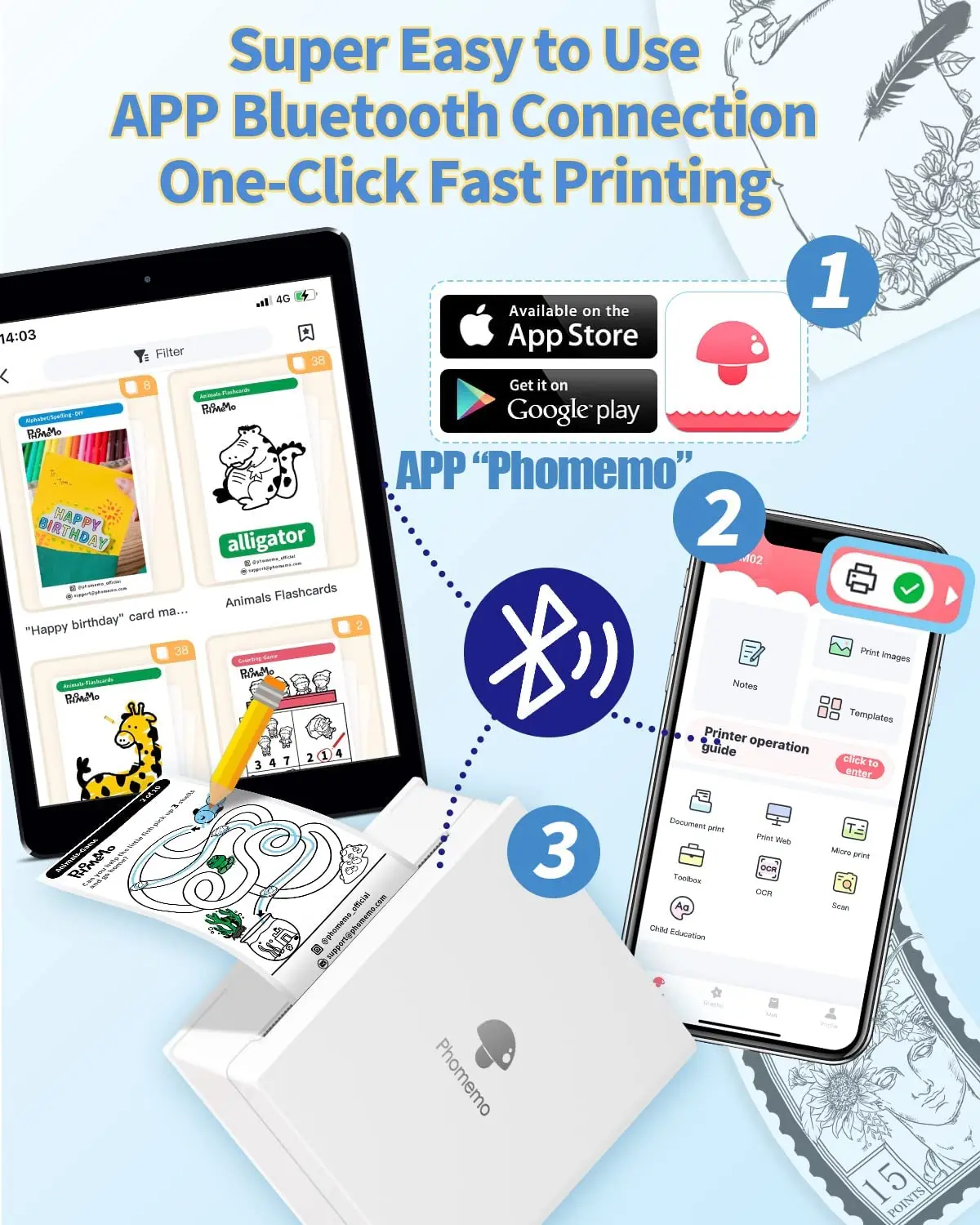 Bekhuz Pocket Printer Mini Sticker Thermal Printing Photo Machine Wireless Picture Printer Portable Phone Printer Phomemo M02