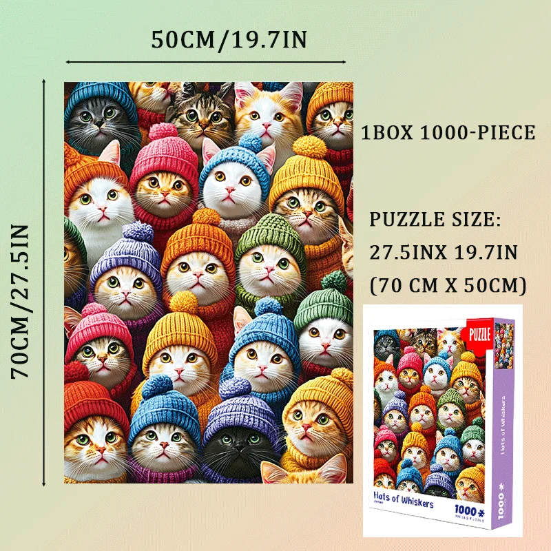 Grand puzzle, cadeau pour les amoureux des chats Puzzle 1000 pièces : Collection de chats adorables en chapeaux Grand 70 x 50 cm (27,5 x 19,7 pouces)