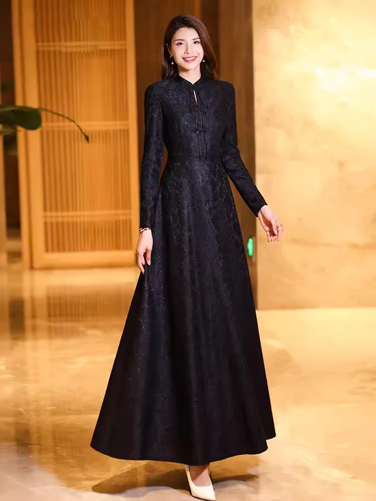 New Women Vintage Chinese Dress Spring Autumn Fashion Meticulous Plate Buttons Stand Collar Long Sleeve Slim Overlength Dress