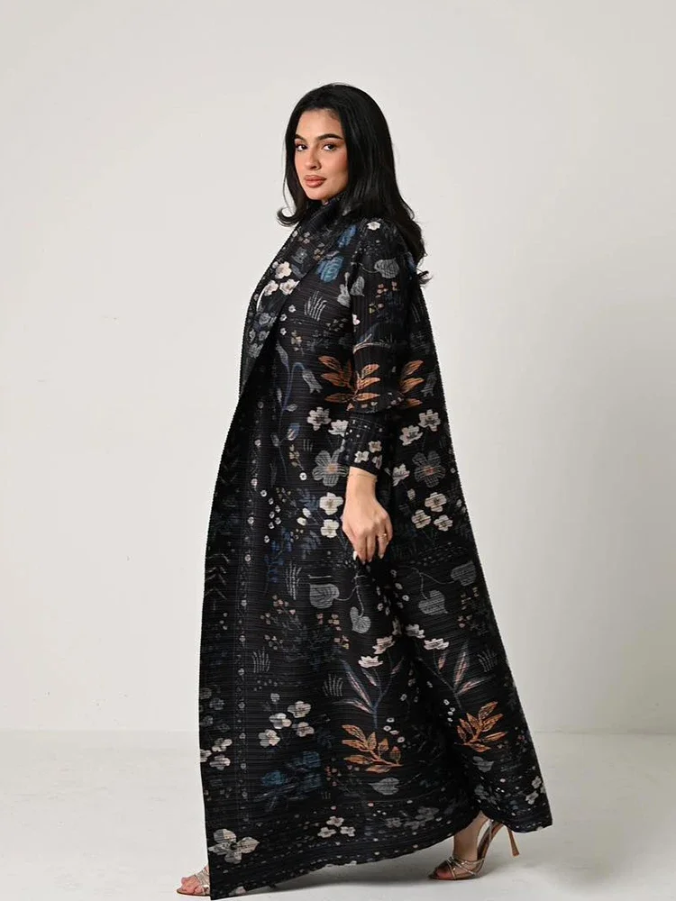 

Dubai Abaya Luxury Evening Coat Women Formal Robe Eid Abaya Ramadan 2025 Female Pleated Long Sleeve Retro Print Trench Coats