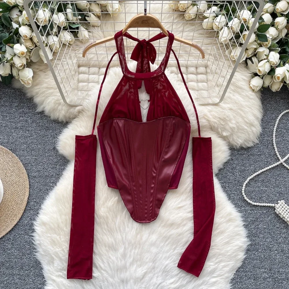 

Y2k Goth Spice Girl футболка с длинными рукавами и лямкой на шее, женская однотонная рубашка на шнуровке с круглым вырезом, женские летние тонкие топы