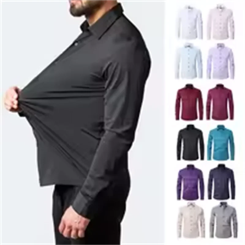 

Plus Size 7XL 6XL High Elasticity Seamless Spandex Shirt Men Long Sleeve Slim Fit Casual Solid Color Social Formal Dress Shirts