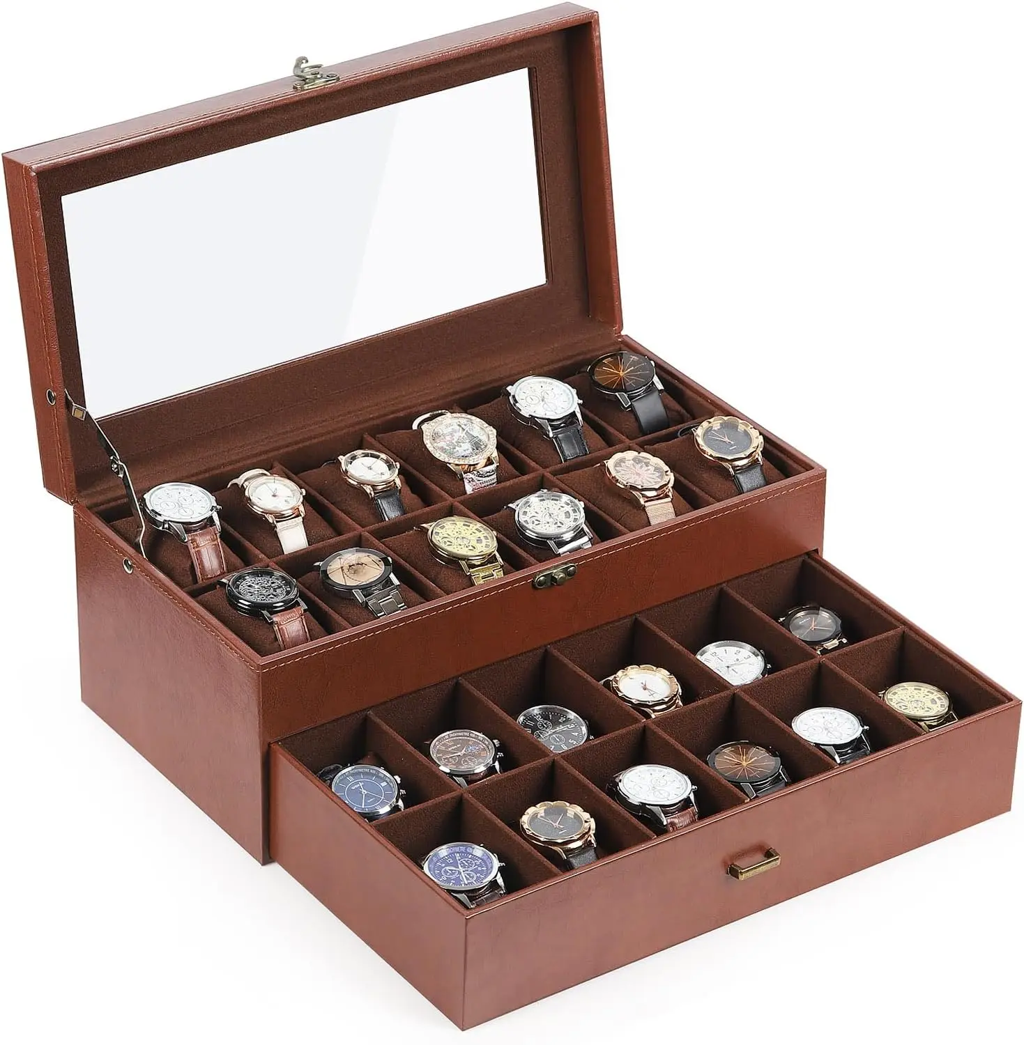 

Leather & Velvet 24 Watch Box with Glass Top, Lockable Drawer, Removable Pillows for Jewelry Display