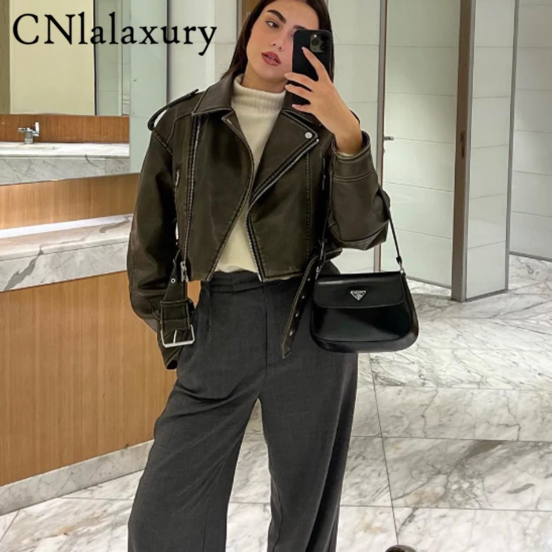 CNlalaxury Women Leather Lapel Belt Jacket 2023 Long Sleeve Zipper Pocket Coat Female Fashion Motorcycle Leather Short Outerwear