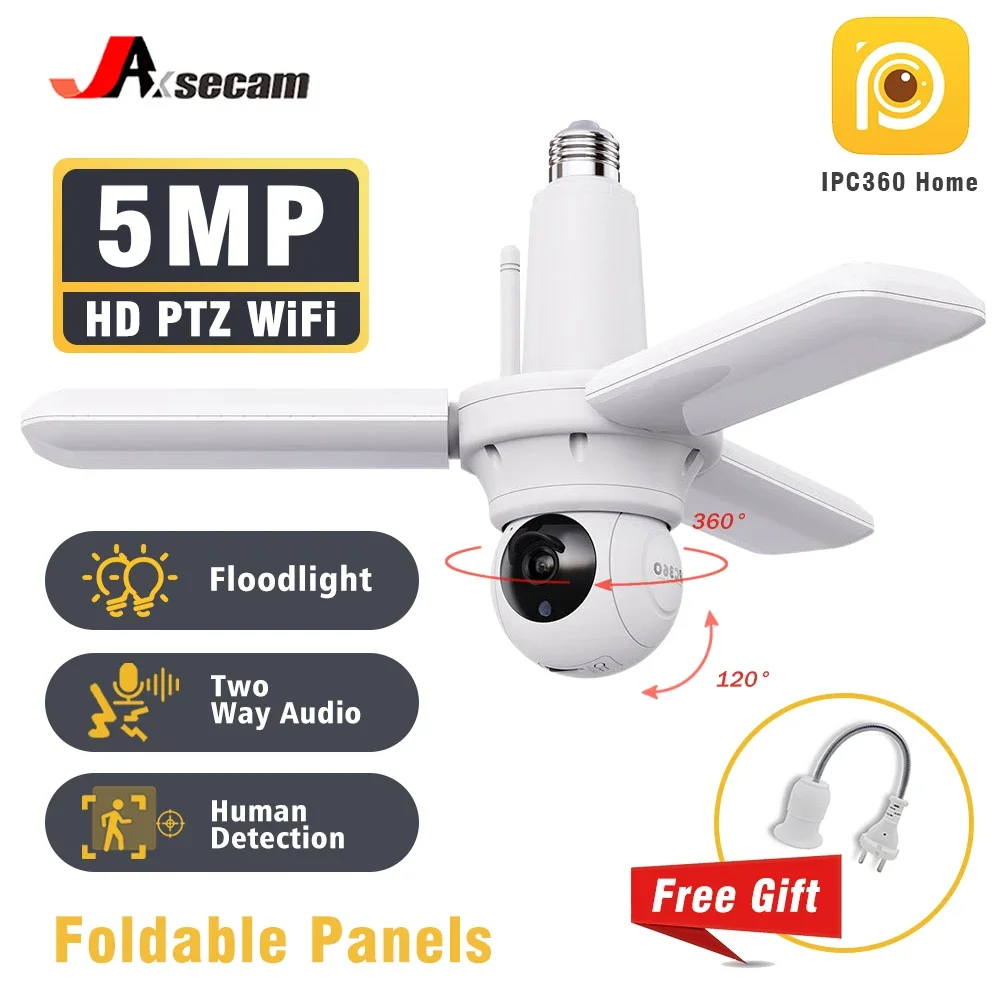 

5MP HD WiFi E27 Bulb Security Indoor Monitor Wireless Automatic Human Tracking Foldable Panels FloodLight Surveillance Camera