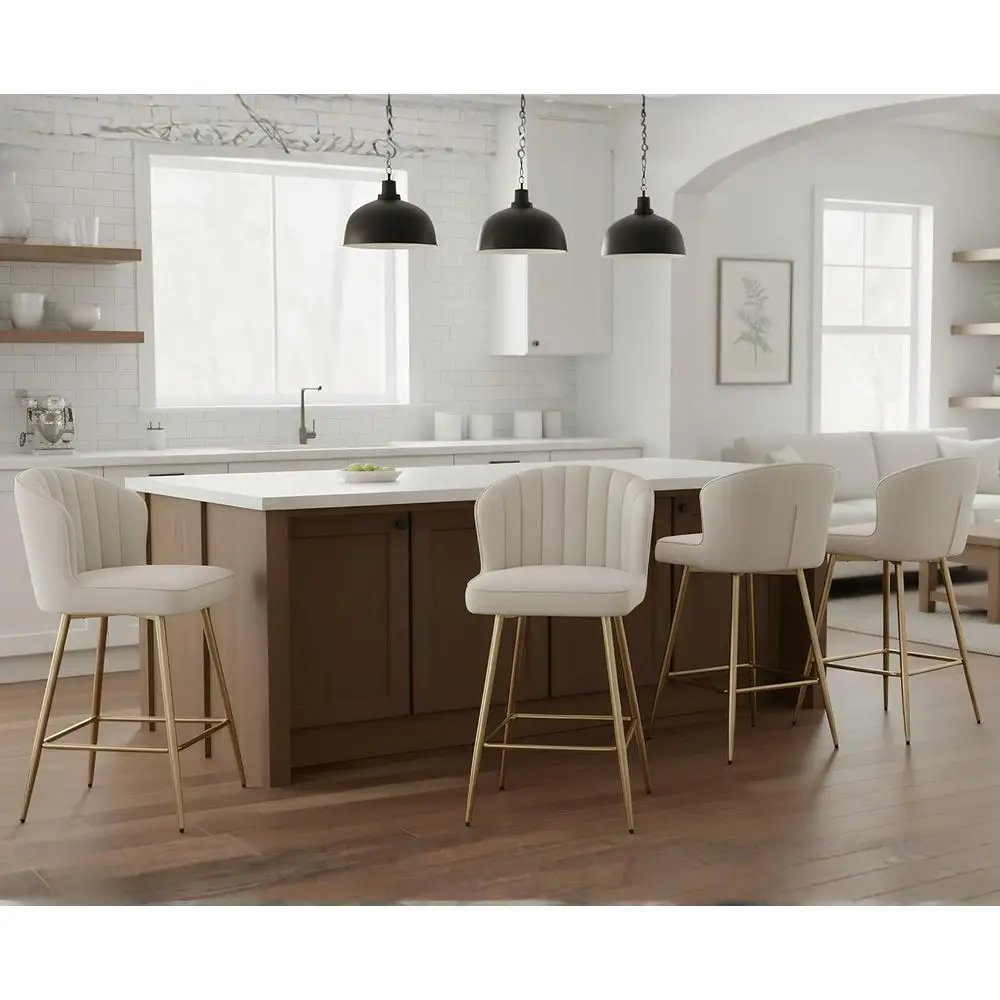 

Набор из 4-х барных стульев с бархатной обивкой и золотыми подставками для ног для кухонного острова/столовой, бежевый