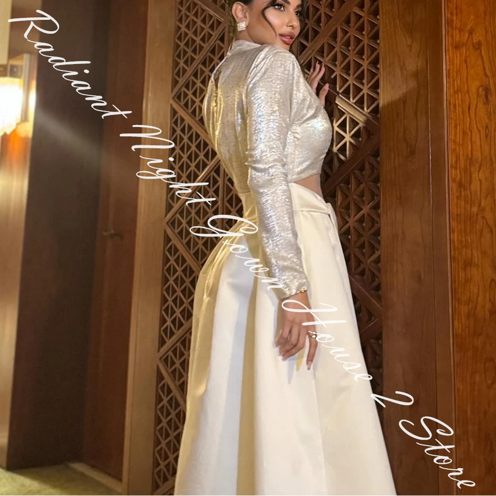 Customized Satin A-Line Sashes and Pearls Evening Dress High Collar Long Sleeves Floor Length Photo Color платье вечернее