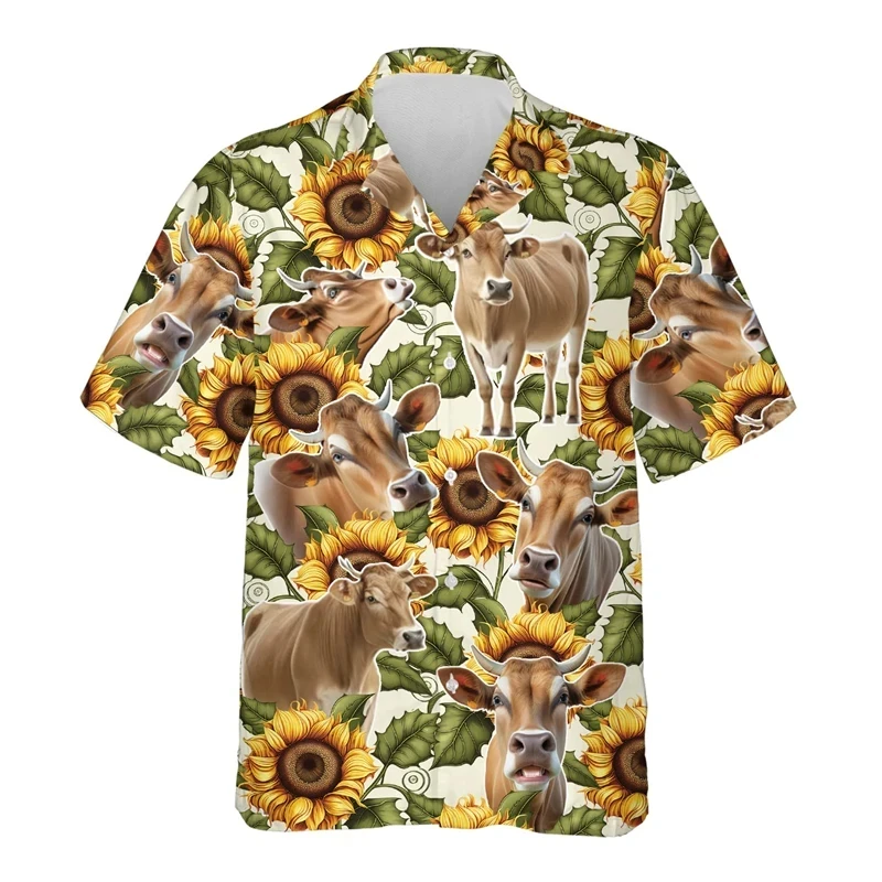 Brownswiss Cow 3D Print Men's Shirts Clothes Hawaiian Animal Cattle Graphic Beach Shirt Funny Swiss Cow Head Blouses Boy Tops