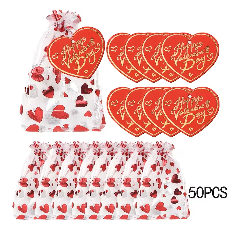 50er-Set herzförmige Geschenktüten zum Valentinstag mit Heißprägrußkarten, geeignet für romantische Valentinstagsgeschenke