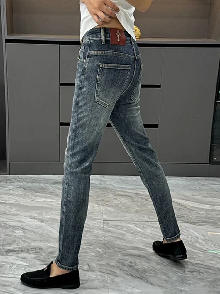 Youth Fashion Brand Men's Slim Fit Jeans with Rhinestones Cross Print Small Straight Leg Pants Autumn New Style Wear Resistant