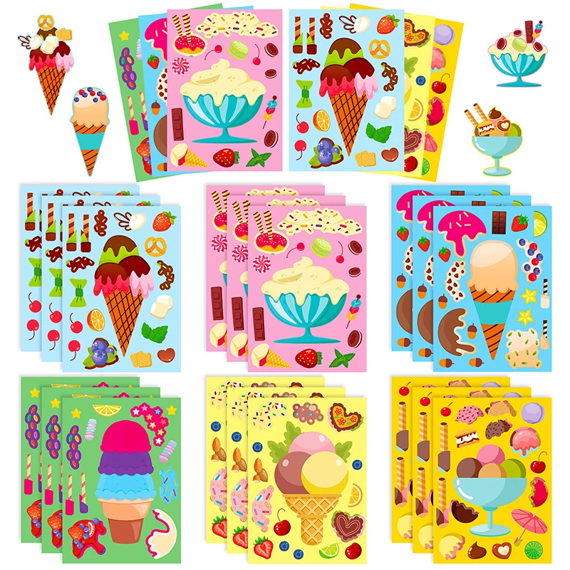 6Sheets Mix Ice Cream Style Puzzle Stickers Make A Face Stickers Cute DIY Assemble Sticker School Rewards Favors Stationery ZYF