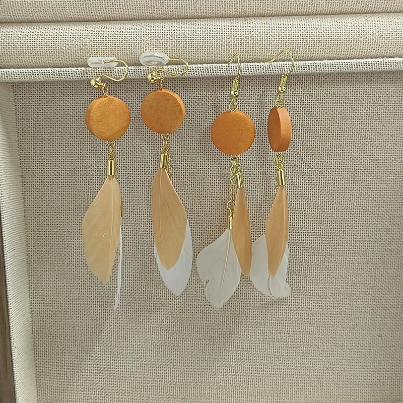 

Bohemian Feather Tassel Mosquito Coil Earrings Without Piercing for Women Retro Design Wood PainFree Dangle Ear Clips Jewelry