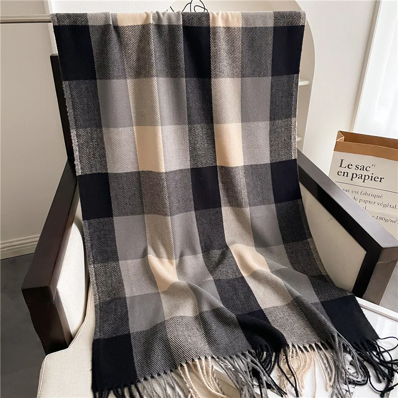 Luxury Autumn Winter Korean Plaid Scarf Women Thickening Warm Tassel Shawl Cashmere Imitation Muffler Fashion Designer Scarves