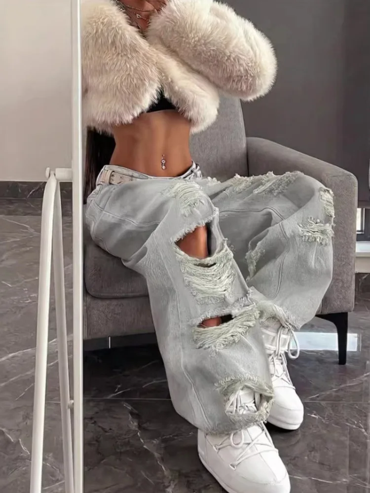 Women Jeans Pants American High Street Ripped Straight Wide-Leg Jeans For Women Design Tie-Dye Jazz Dance Cargo Full Thin Jeans