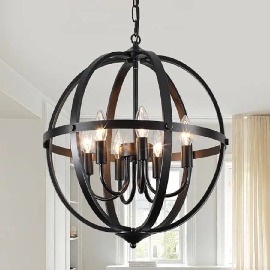 

17.12'' Black Orb Chandelier 6-Light, Small Metal Industrial Globe Pendant Light, Adjustable Hanging Ceiling Light Fixtures, Mo