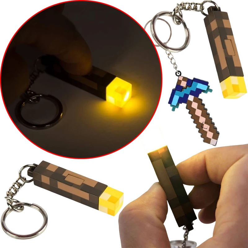 

Minecraft Pixel Torch Glowing Keychain Anime Children's Pickaxe Sword Shaped Car Keychain Pendant Backpack Pendant Birthday Gift