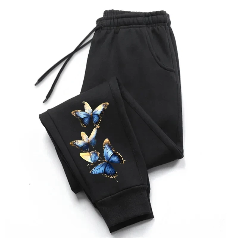 Blue Butterfly Graphic Print Pants for Women Spring Autumn Outdoor Fitness Jogging Train Casual Long Pants Fleece Sweatpants