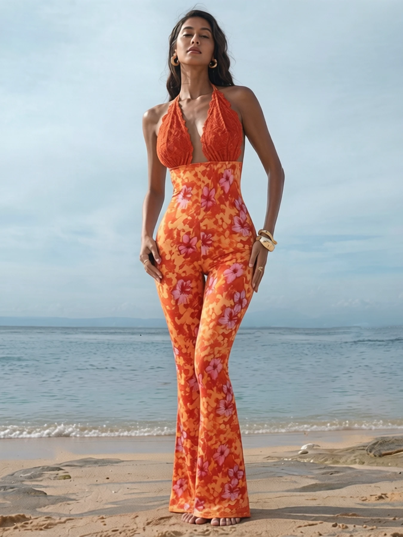 

Women Halter Neck Lace Trim Floral Print Flared Jumpsuit Boho Spring Summer Vacation Beach Date Lightweight Flattering Jumpsuit