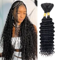 Trenzas bohemias negras naturales, cabello humano para trenzas sin nudos bohemias, cabello trenzado húmedo y ondulado, onda profunda a granel, sin trama, 22 pulgadas