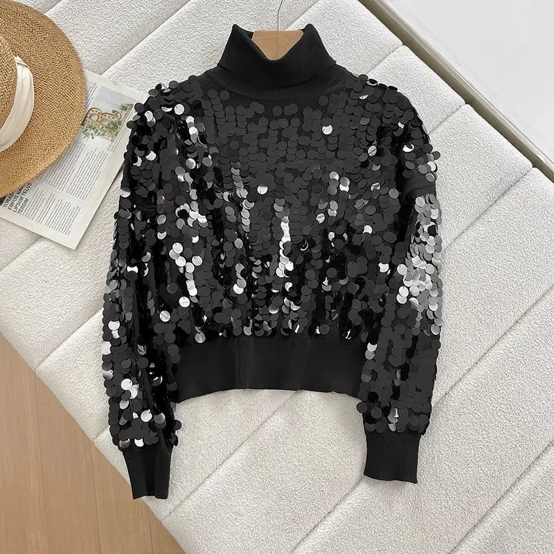 

Короткий вязаный свитер с блестками и высоким воротом, свободный вязаный свитер с рукавами на плечах, одежда y2k, женские топы sueter mujer, 2025