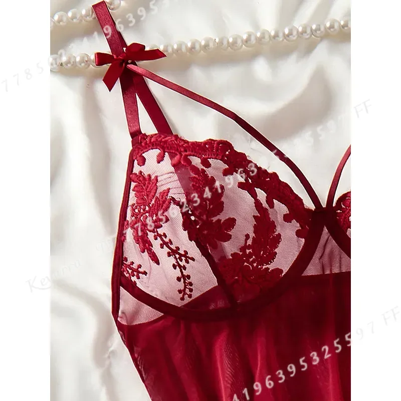 Wine Red Women's Country Style Wheat Ear Embroidery Semi Transparent Nightgown Elegant Comfortable Bow Design Sleepwear - view 4