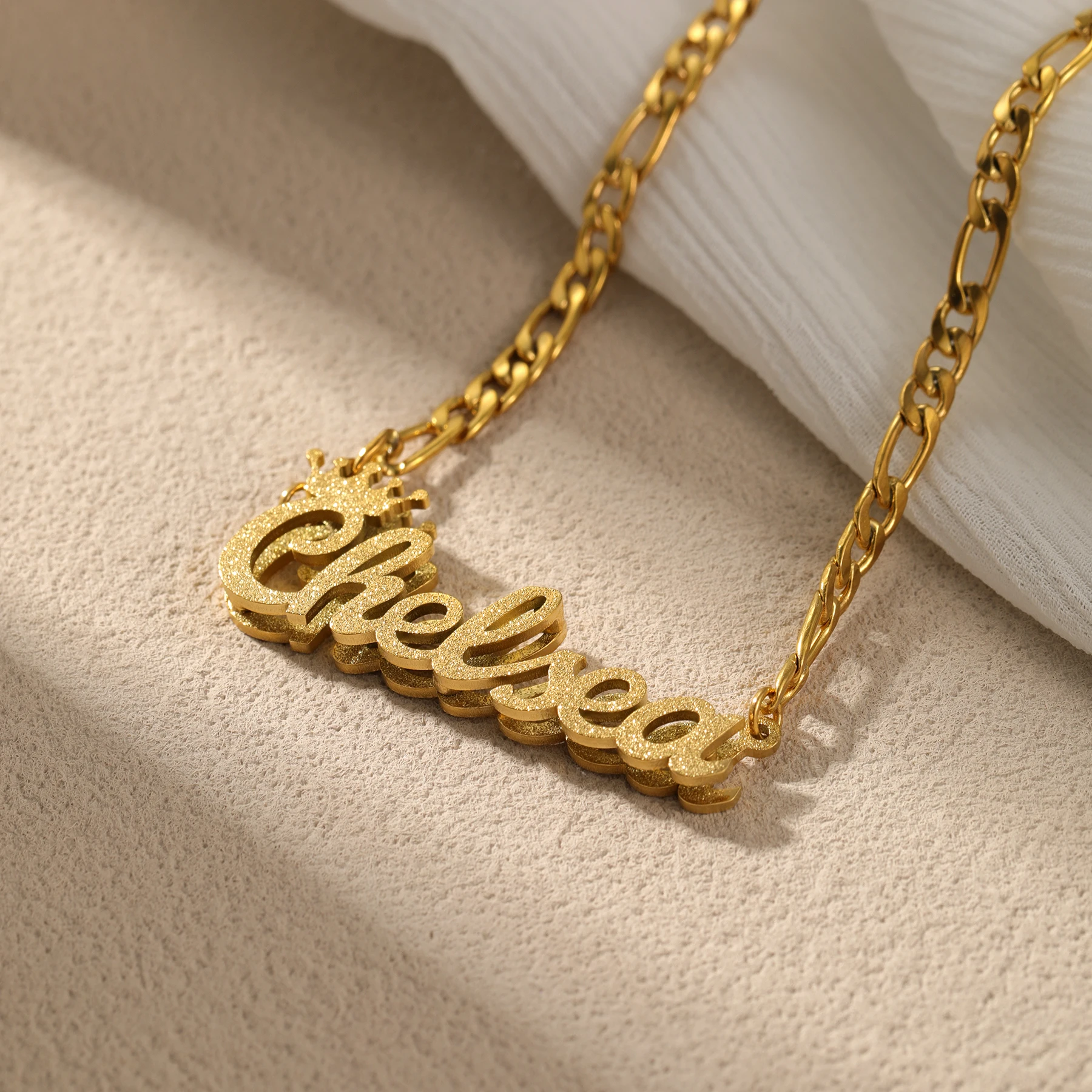 

Custom Name Necklace Personalized Sandblasted Double Layer 18K Gold Plated Crown Pendant Dainty Christmas Gift for Her