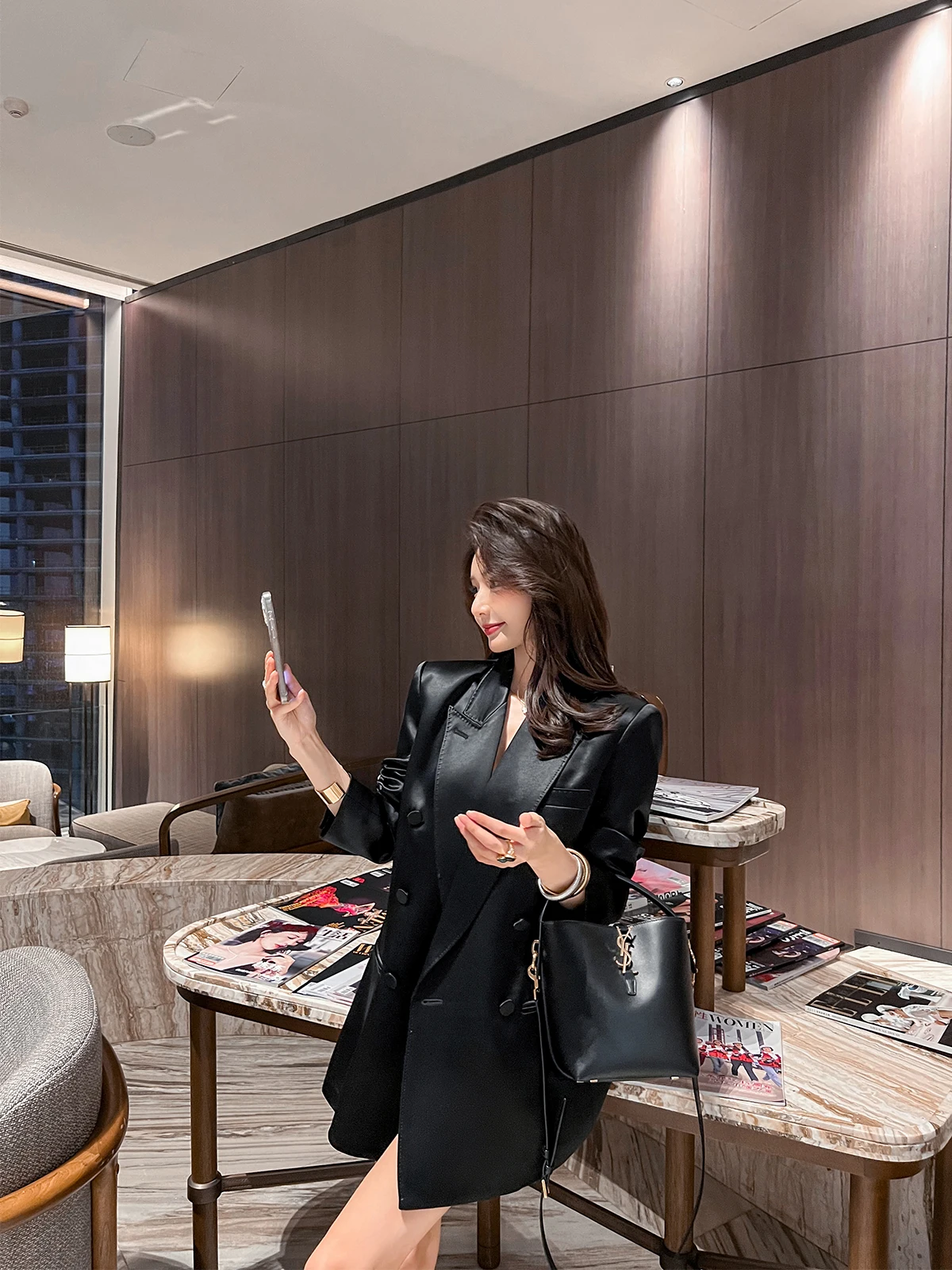 

Ele Bla Acetate Satin Suit Jaet Women's Loose Sle Spring Autumn New Faion High-End Feeling Western Top