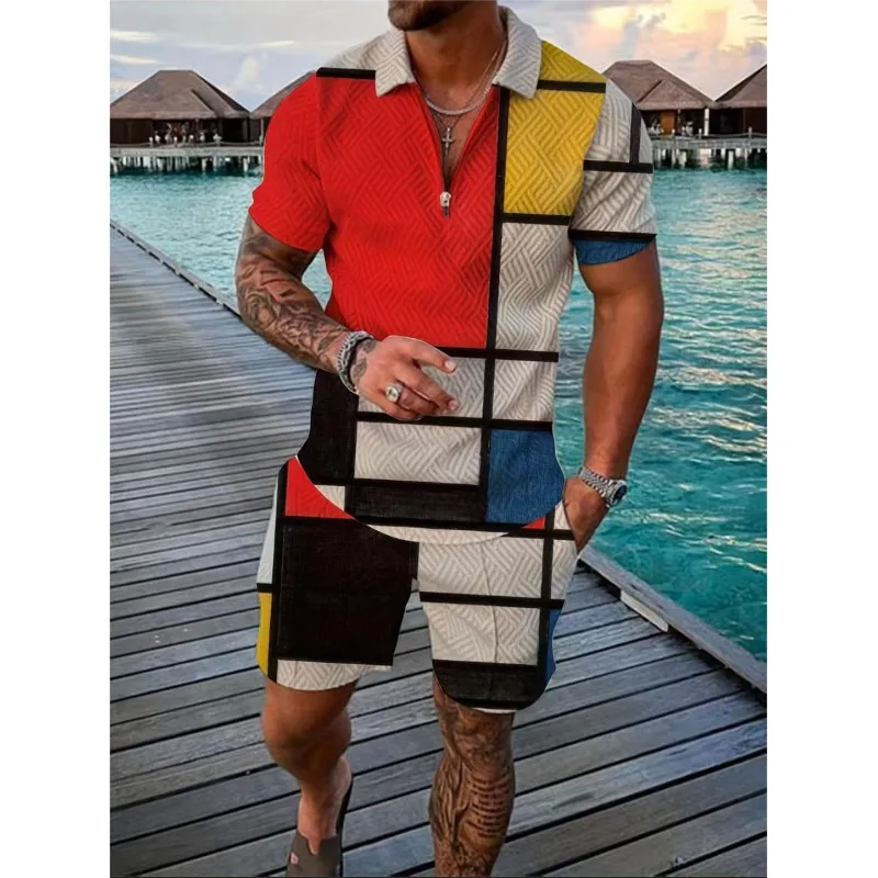 Men's Summer Color-matching Printed POLO Suit Two-piece Lapel Zip Front Short-sleeved T-shirt and Shorts