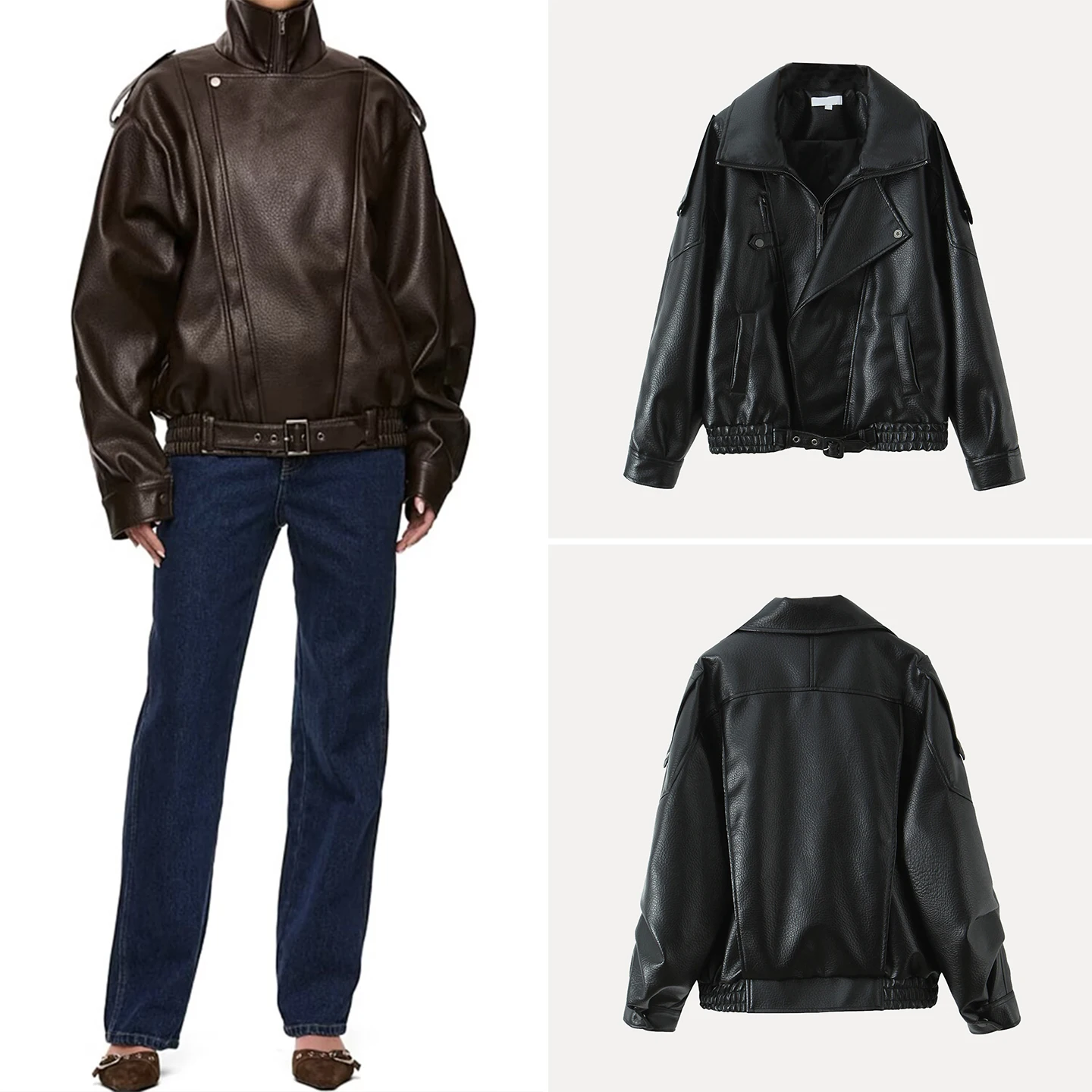 

Винтажная кожаная куртка Ele в мотоциклетном стиле для женщин, модная верхняя одежда с декоративными элементами, свободный крой, длинный рукав, застежка-молния