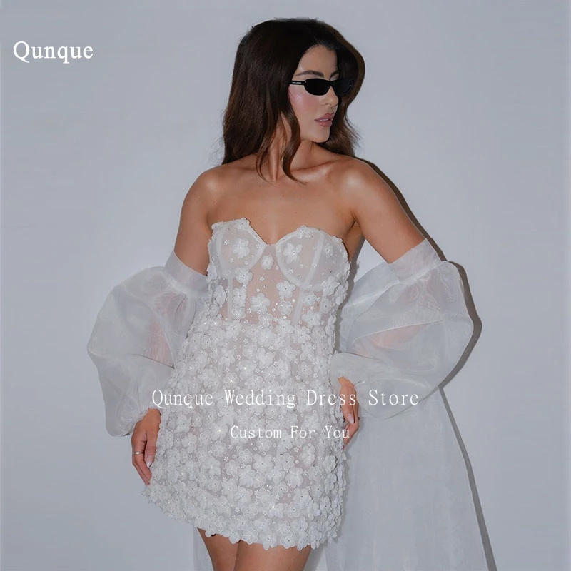 Qunque Maßgeschneiderte Vestidos De Novia Schatz 3D Blumen Blumen Tüll Mini Brautkleid Puff Cape Ärmeln A-linie Brautkleider