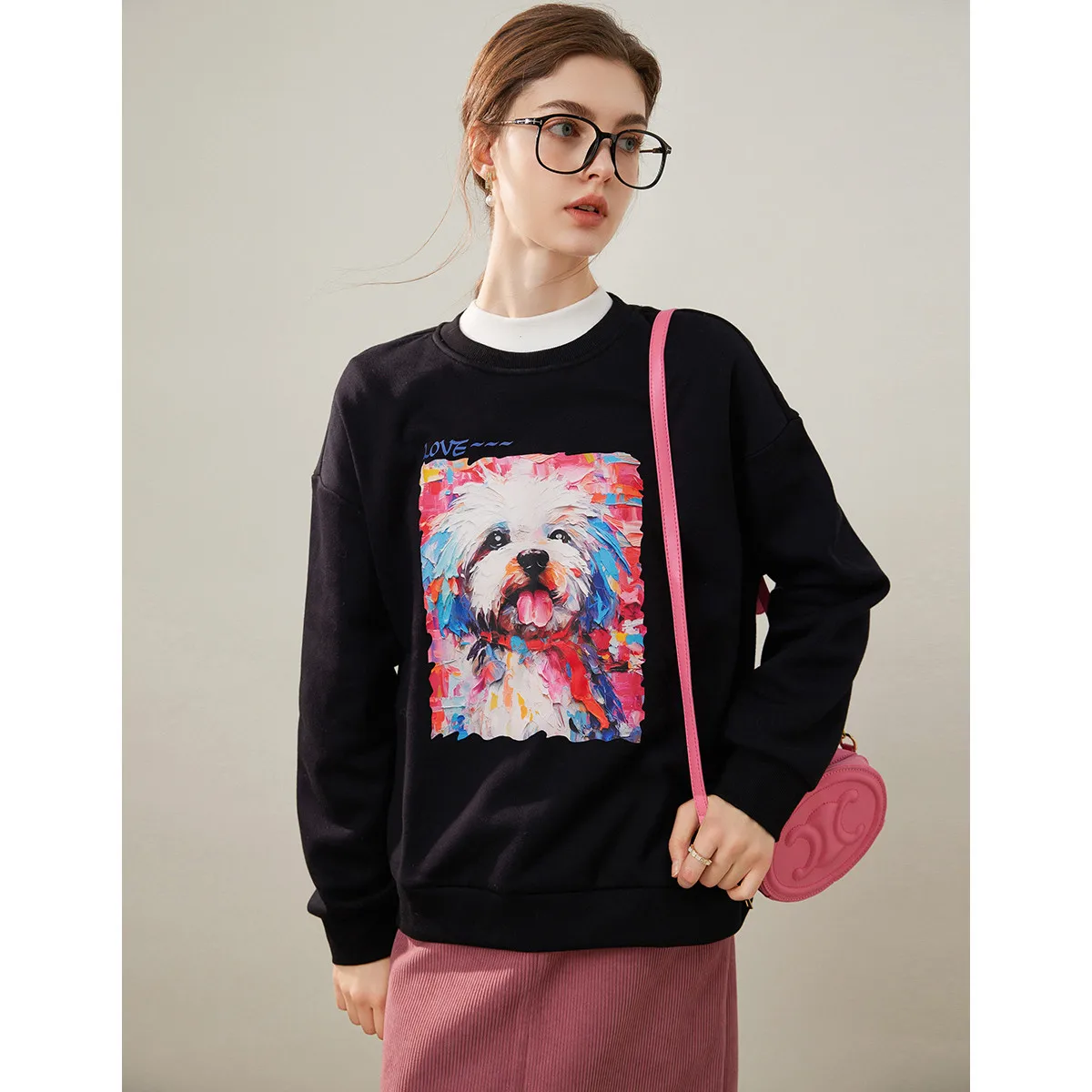 LOUIS YAO 2024 Winter Thick Fleece Round Neck Hoodie Fashionable Funny Dog Printed Long Sleeve Top for Women