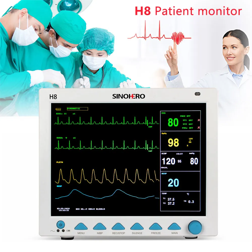 SINOHERO H8 Многопараметрический монитор жизненно важных функций пациента для человека 12,1-дюймовый цветной ЖК-дисплей ЭКГ RESP NIBP SpO2 TEMP Machine