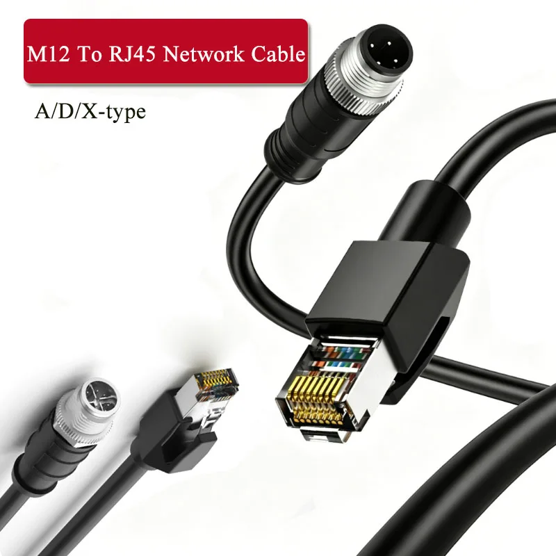M12 A/D/X-type Plug to RJ45 Black Network Cable 4 8 Pin Ethernet High Flexibility Connector Male Female Industrial Shielded Linr