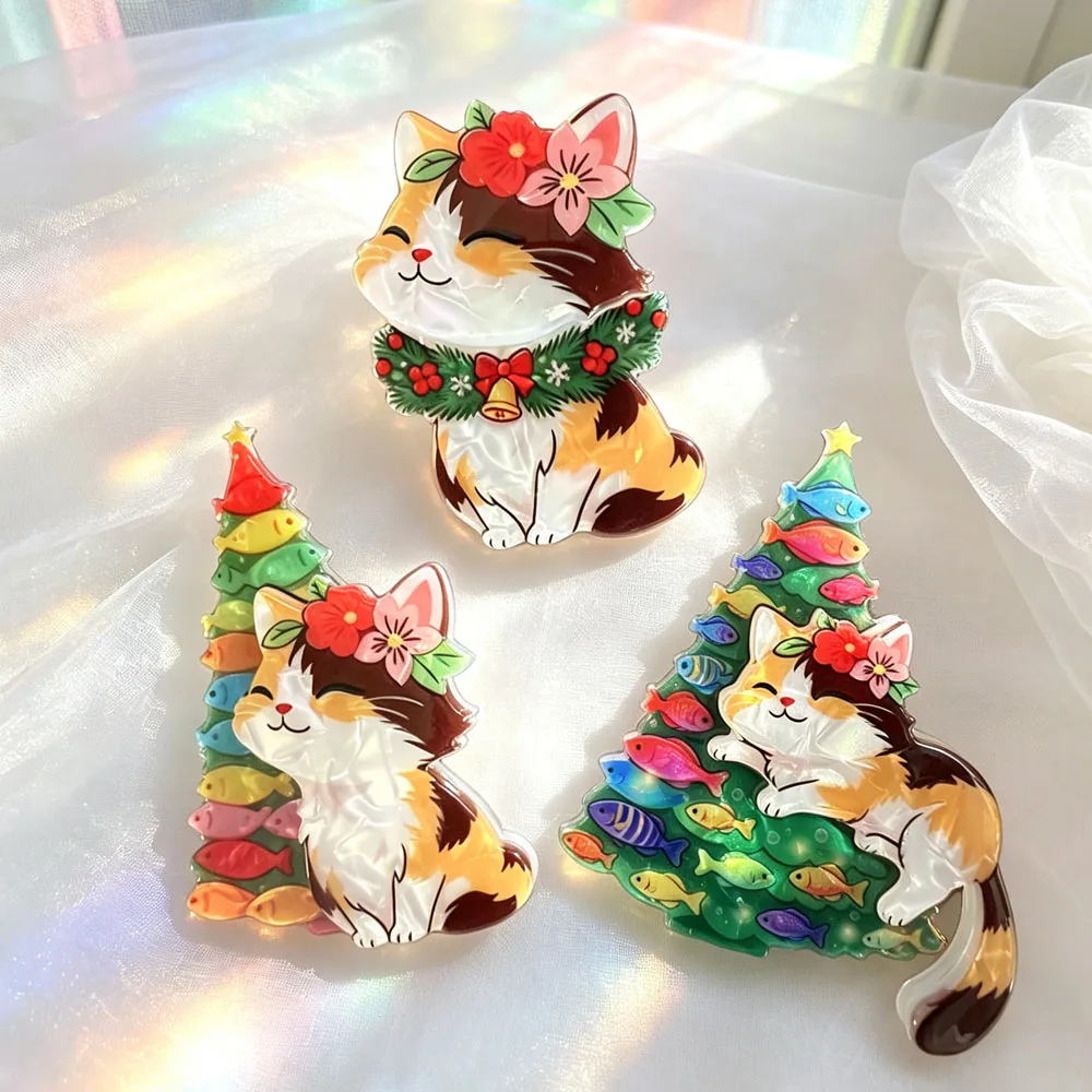 CINDY XIANG Christmas Cat Brooch Double Layer Acrylic HD Printing Lapel Pin, Kitten & Fish Xmas Tree Badge