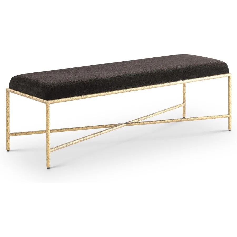 22064Brown Valley Collection Modern Contemporary Bench with Soft Brown Chenille Fabric Brushed Brass Forged Iron Metal Legs and
