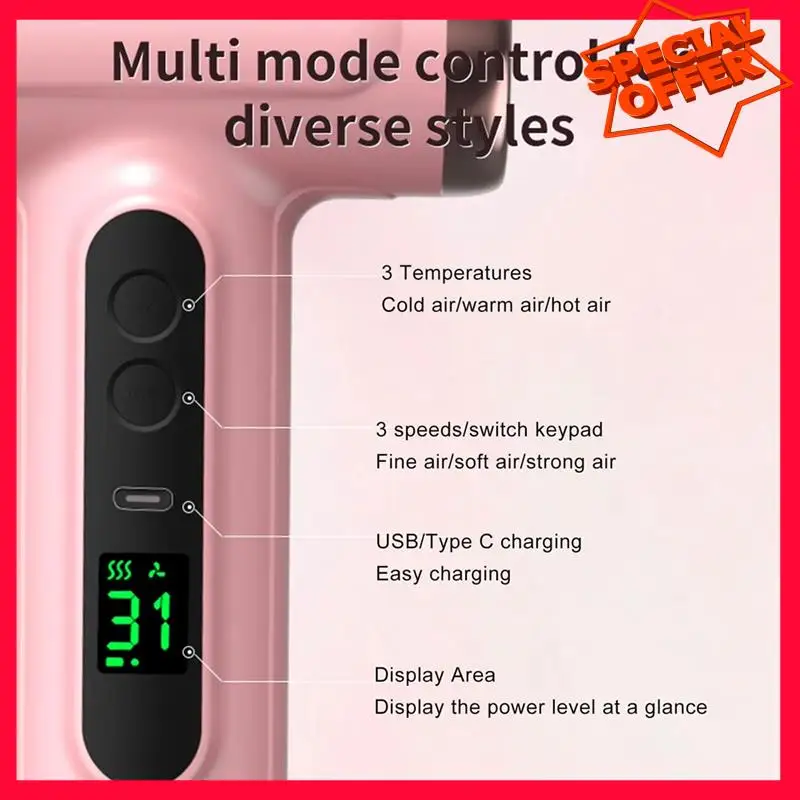 

-ESTR Портативный фен с зарядкой через USB, эргономичная ручка, фен для горячего и холодного воздуха, 200 Вт, быстросохнущий с насадкой для путешествий
