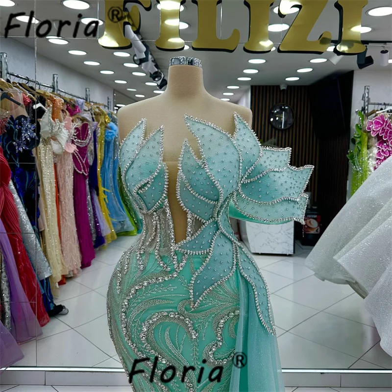 Mint Green Arabic Woman Evening Dress with Side Tail Silver Crystal 3D Leave Appliques Prom vestidos de fiestas elegantes mujer
